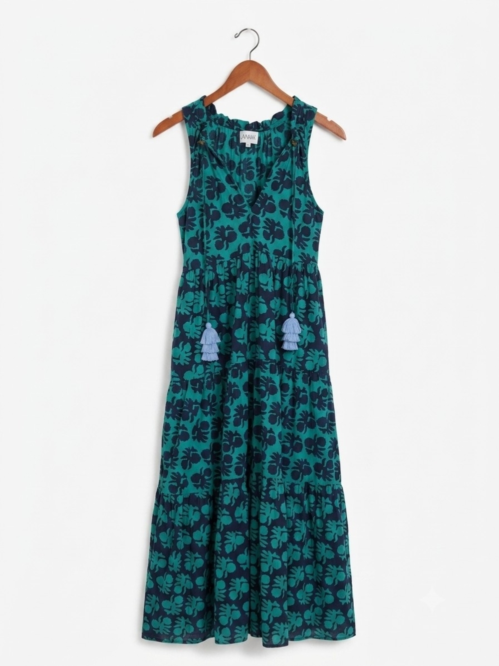 Omika Sleeveless Teal and Navy Floral Tiered Maxi Dress with Tassel Detail XS
